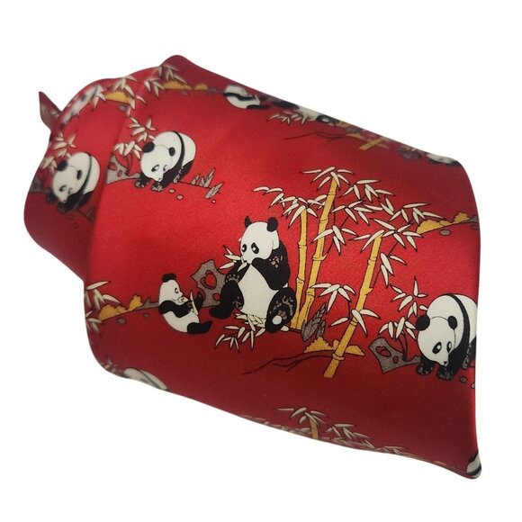 Red Silk Necktie With Panda & Bamboo Print Design Kailong 100% Silk Hand Made - Picture 1 of 5